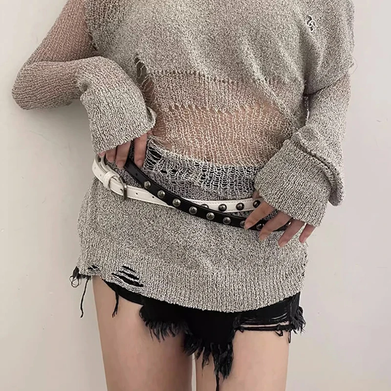 Hip Hop Punk Rivet Belt For Women Metal Pin Buckle Thin PU Leather Waist Belt Ins Korean Jeans Pants Decoration Girdle Strap