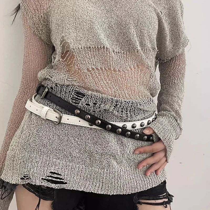 Hip Hop Punk Rivet Belt For Women Metal Pin Buckle Thin PU Leather Waist Belt Ins Korean Jeans Pants Decoration Girdle Strap