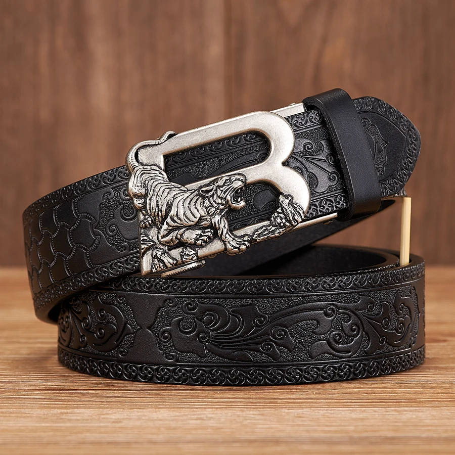 3.5CM Tiger Alloy Automatic Buckle Cowskin Leather Belt Quality Men Wasitbad Strap Genuine Leather Gift Bussiness Belt For Jeans
