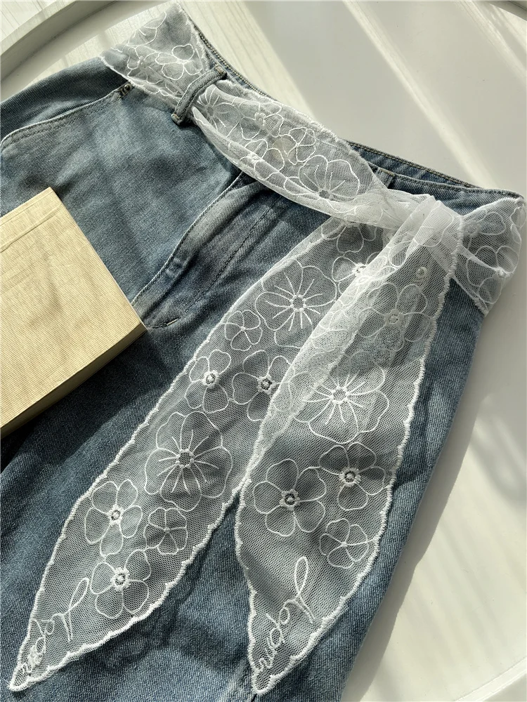New Long Thin Lace Belt for Women Embroidery Skirt Jeans Belt White Ribbon Waist Rope Slender Strip Silk Scarf Headband