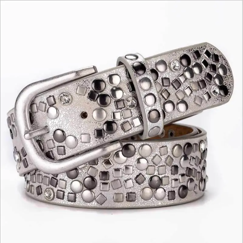 SupSindy Women Leather Belt Geometric Rivets Pin Buckle PU Belts For Women Jeans Luxury Designer Brand Waistband Female Black