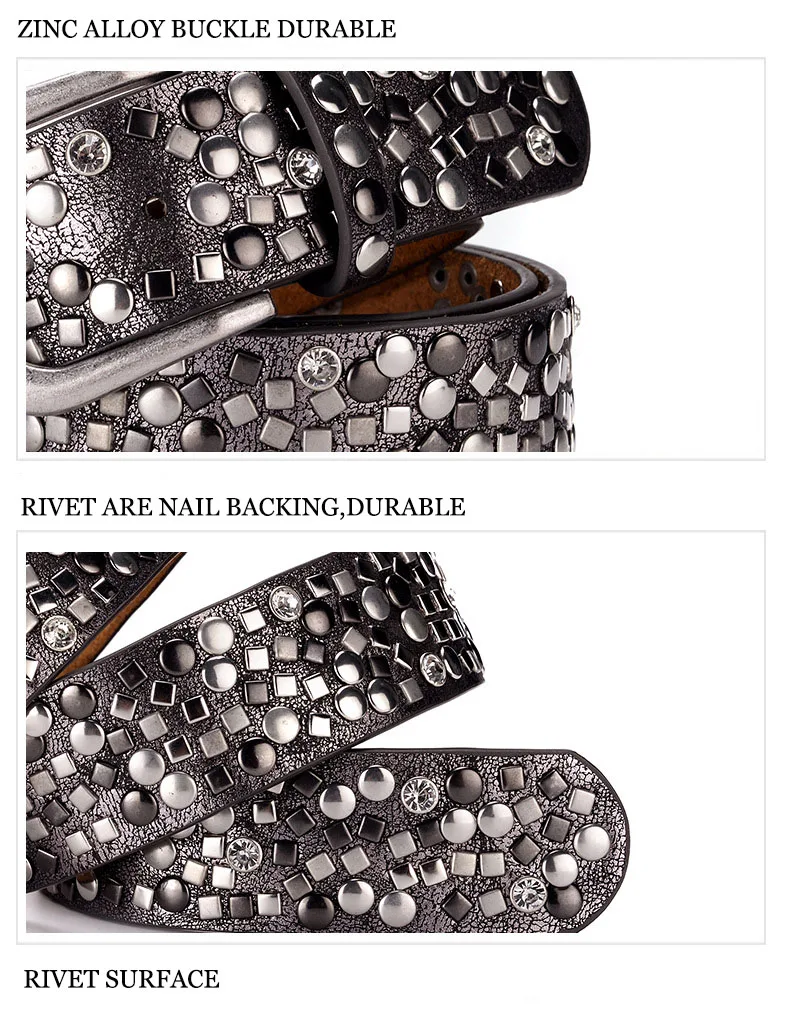 SupSindy Women Leather Belt Geometric Rivets Pin Buckle PU Belts For Women Jeans Luxury Designer Brand Waistband Female Black
