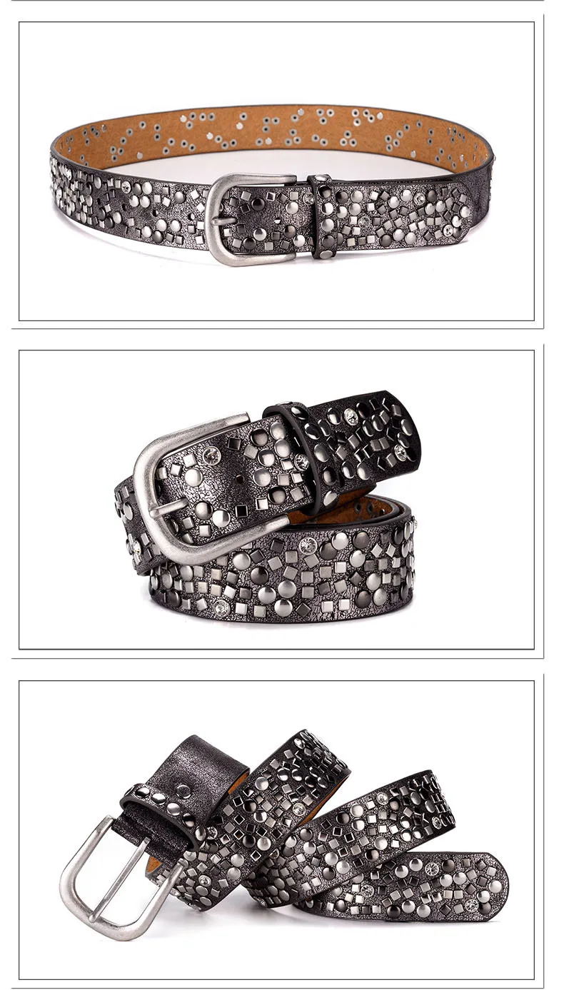 SupSindy Women Leather Belt Geometric Rivets Pin Buckle PU Belts For Women Jeans Luxury Designer Brand Waistband Female Black