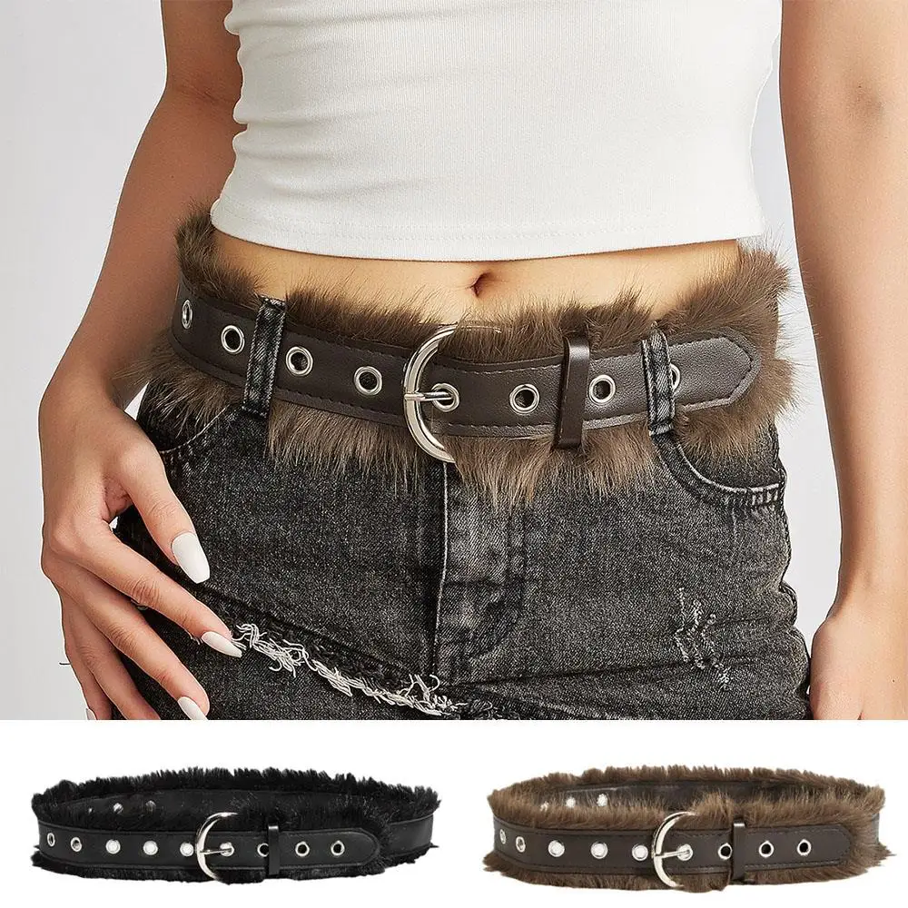 PU Belts Y2K Punk Waistband Women Fashion Plush Belt Faux Fur Waist Belt Pin Buckle Jeans Decor Belt Spice Girl Casual Strap