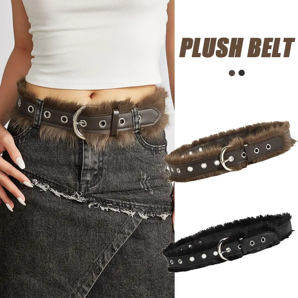 PU Belts Y2K Punk Waistband Women Fashion Plush Belt Faux Fur Waist Belt Pin Buckle Jeans Decor Belt Spice Girl Casual Strap