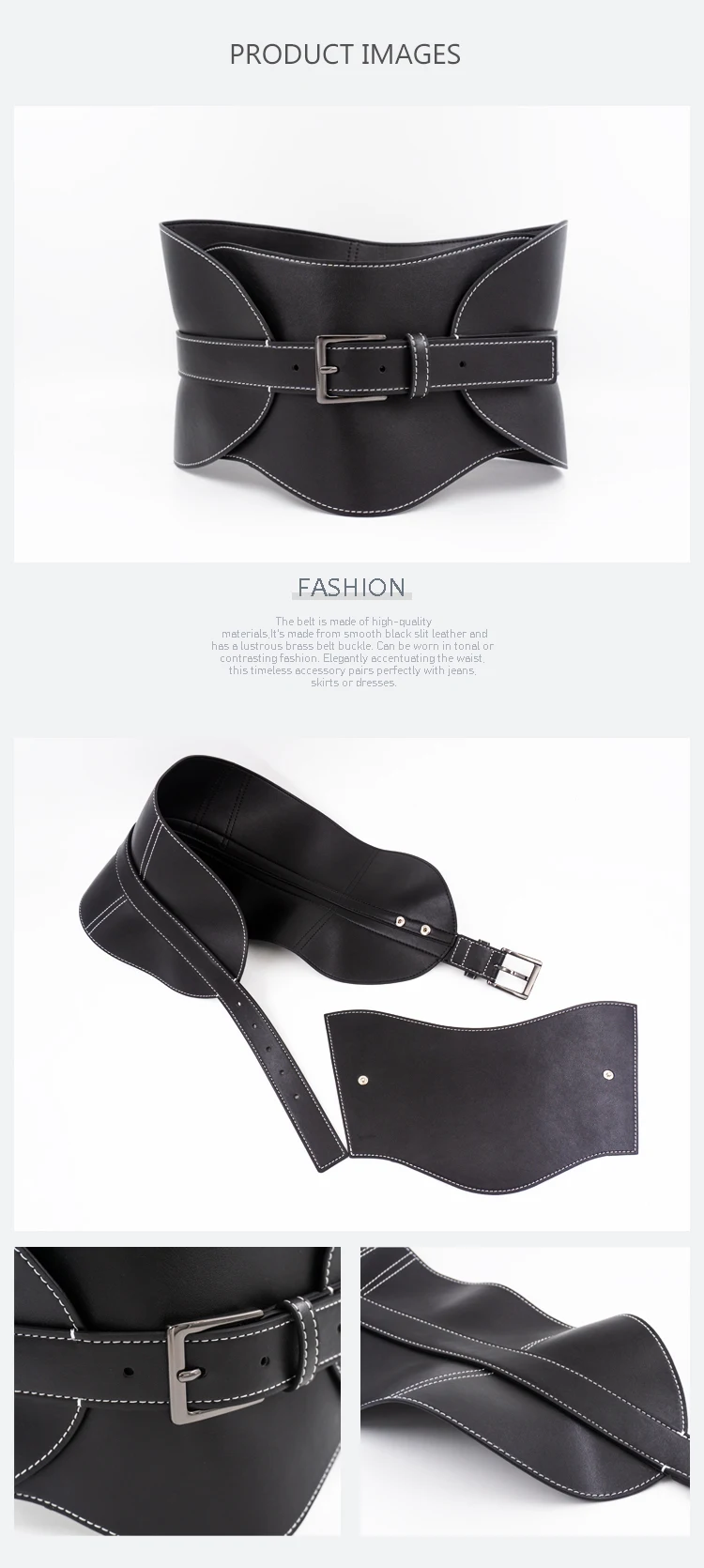 Top-stitched waist seal leather women's wide waistband black pin buckle fashion soft leather dress decorative belt