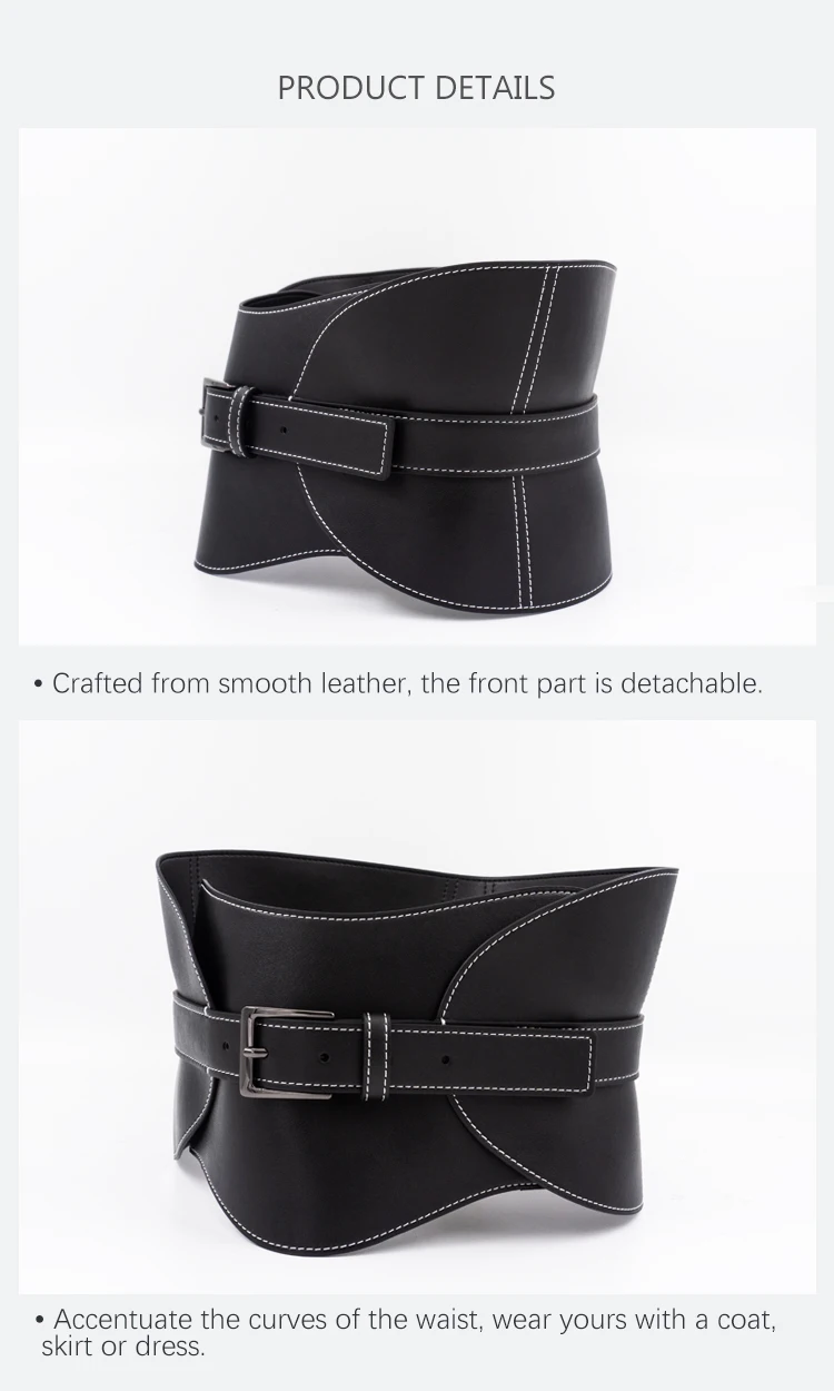 Top-stitched waist seal leather women's wide waistband black pin buckle fashion soft leather dress decorative belt