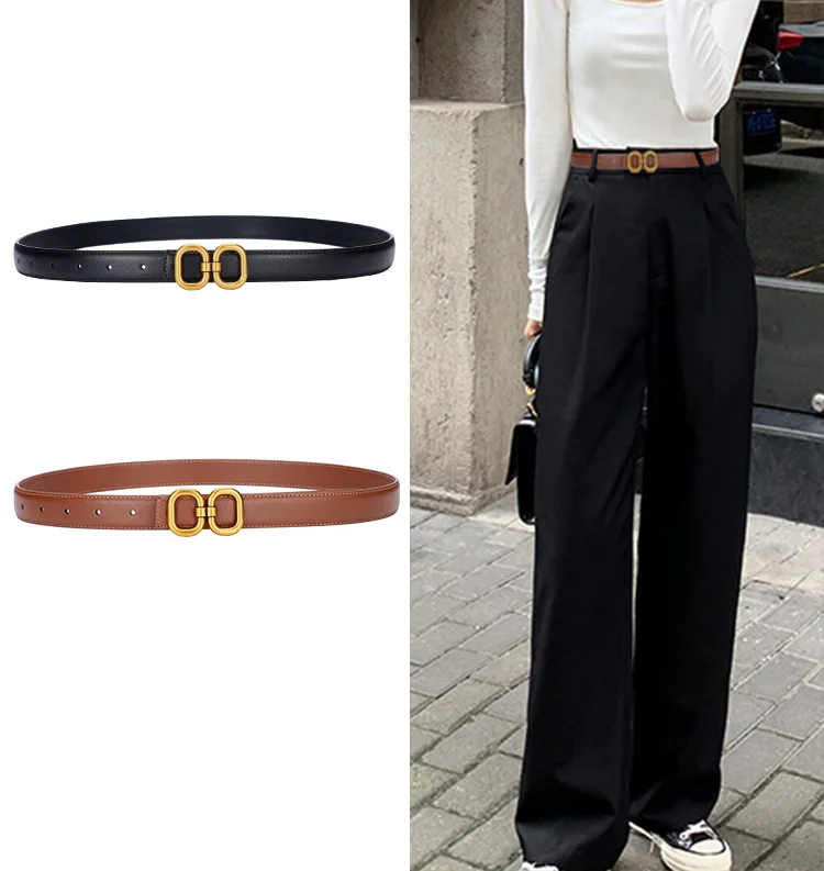 DINISITON New Women's Belt Classic Gold Pin Buckle Belt Fashion PU Leather Premium Feeling Pant Belts