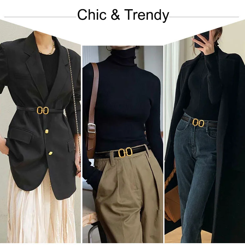 DINISITON New Women's Belt Classic Gold Pin Buckle Belt Fashion PU Leather Premium Feeling Pant Belts