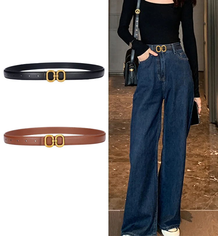 DINISITON New Women's Belt Classic Gold Pin Buckle Belt Fashion PU Leather Premium Feeling Pant Belts