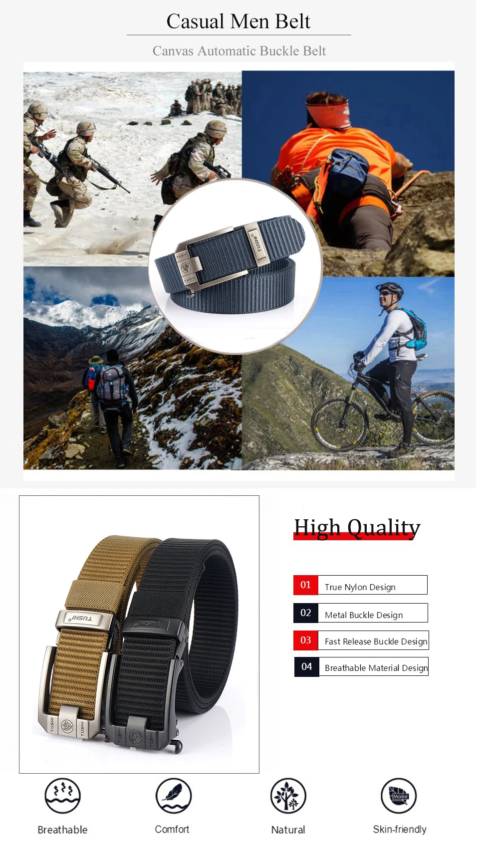 Fashion Metal Automatic Buckle Canvas Belt For Men Thick Tough Nylon Waistband Outdoor Cowboy Jeans Pants Tactical Belts Hiking
