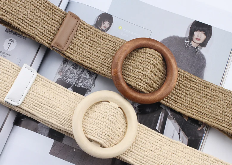 Spring and summer dress decorative belt Wood buckle women fashion simple wild elastic braided belt bohemian Weaving accessories