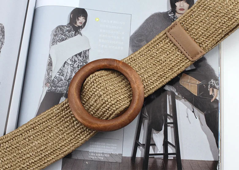 Spring and summer dress decorative belt Wood buckle women fashion simple wild elastic braided belt bohemian Weaving accessories