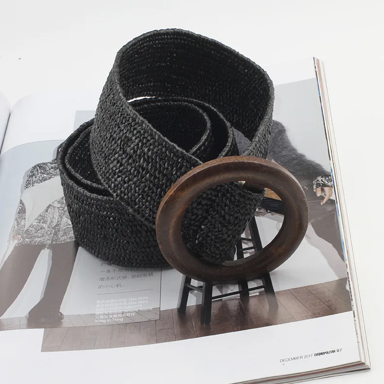 Spring and summer dress decorative belt Wood buckle women fashion simple wild elastic braided belt bohemian Weaving accessories