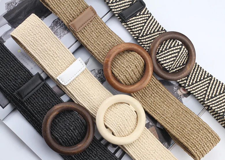 Spring and summer dress decorative belt Wood buckle women fashion simple wild elastic braided belt bohemian Weaving accessories