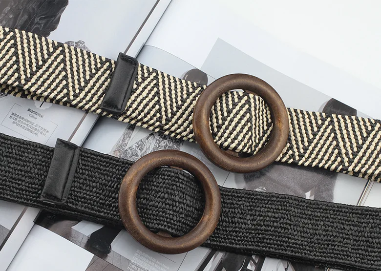 Spring and summer dress decorative belt Wood buckle women fashion simple wild elastic braided belt bohemian Weaving accessories