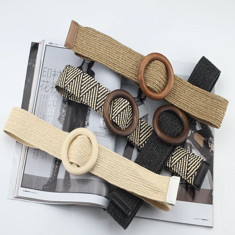 Spring and summer dress decorative belt Wood buckle women fashion simple wild elastic braided belt bohemian Weaving accessories