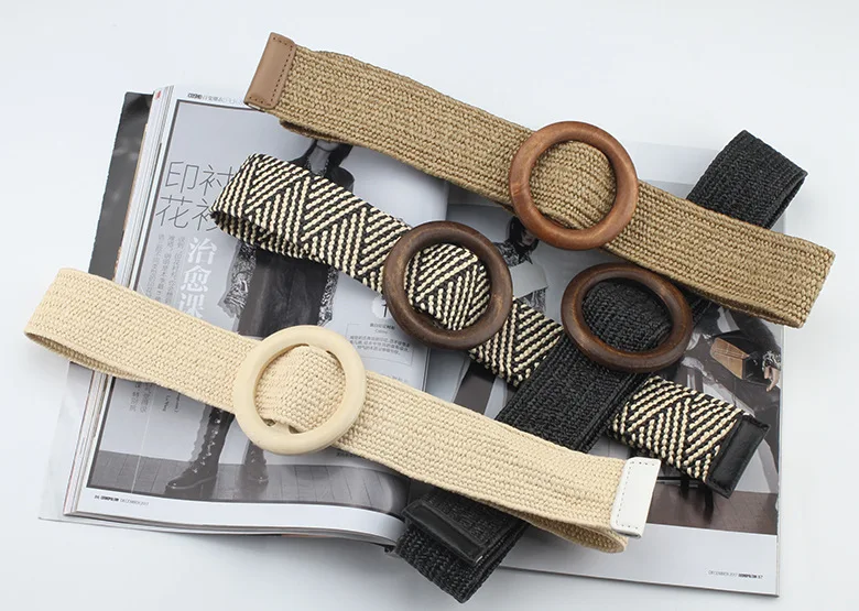 Spring and summer dress decorative belt Wood buckle women fashion simple wild elastic braided belt bohemian Weaving accessories