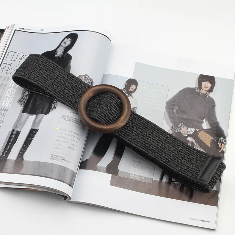 Spring and summer dress decorative belt Wood buckle women fashion simple wild elastic braided belt bohemian Weaving accessories