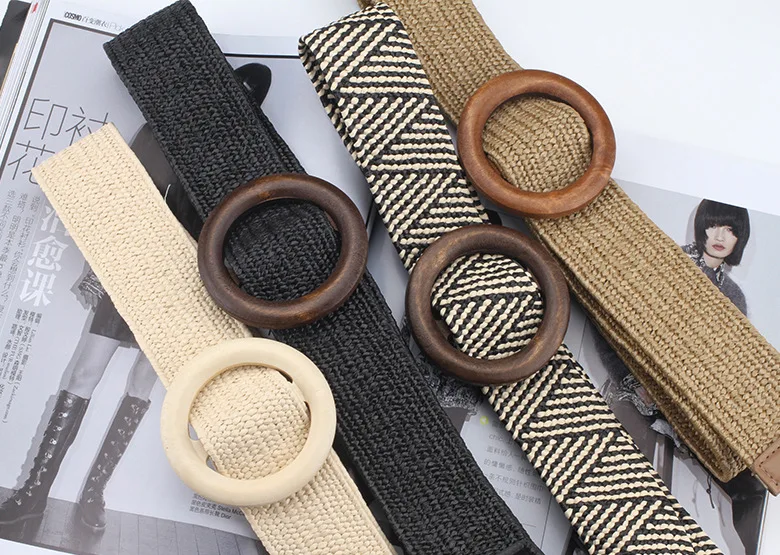 Spring and summer dress decorative belt Wood buckle women fashion simple wild elastic braided belt bohemian Weaving accessories