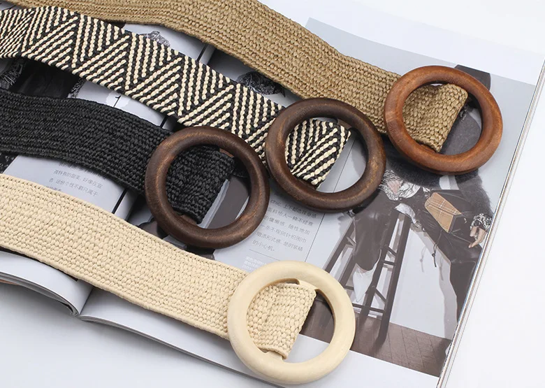 Spring and summer dress decorative belt Wood buckle women fashion simple wild elastic braided belt bohemian Weaving accessories