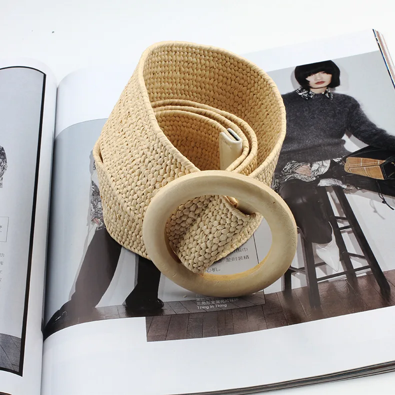 Spring and summer dress decorative belt Wood buckle women fashion simple wild elastic braided belt bohemian Weaving accessories