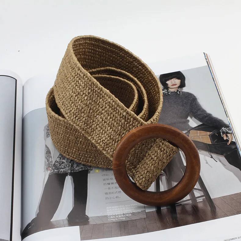 Spring and summer dress decorative belt Wood buckle women fashion simple wild elastic braided belt bohemian Weaving accessories