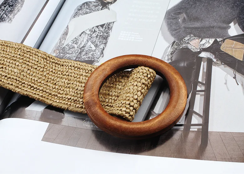 Spring and summer dress decorative belt Wood buckle women fashion simple wild elastic braided belt bohemian Weaving accessories