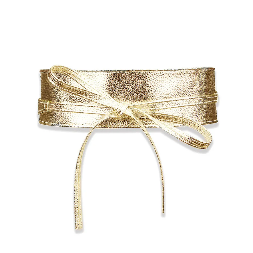 Boho Belt For Women Bowknot PU Leather Wrap Around Obi Style Cinch Waistband Cummerbund Gold Women Wide Corset Belt