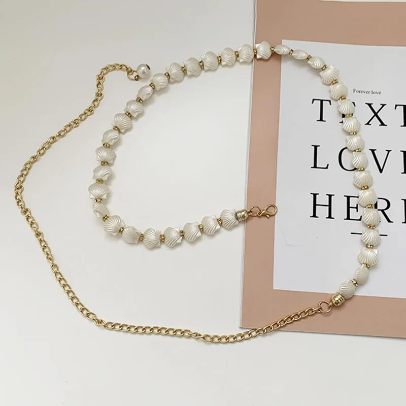 Fashion Adjustable Acrylic Pearl Belt Women Ladies Metal Thin Chain Belt Slim Body Chains Straps Dress Skirt Elastic Waistband