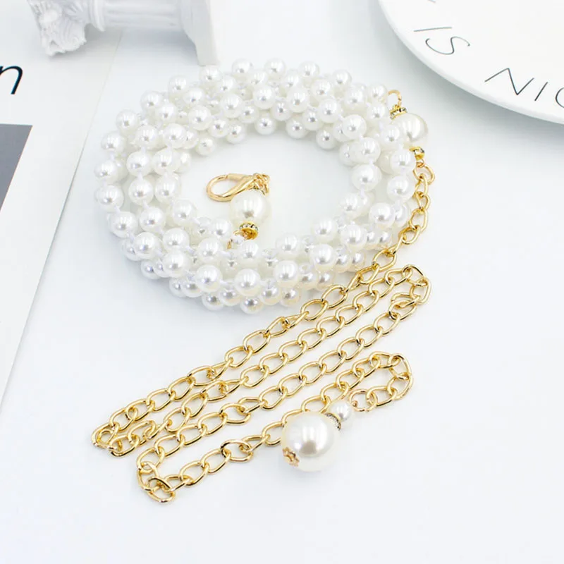 Fashion Adjustable Acrylic Pearl Belt Women Ladies Metal Thin Chain Belt Slim Body Chains Straps Dress Skirt Elastic Waistband
