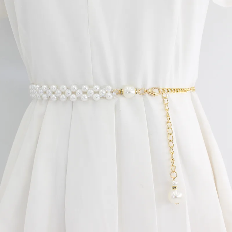 Fashion Adjustable Acrylic Pearl Belt Women Ladies Metal Thin Chain Belt Slim Body Chains Straps Dress Skirt Elastic Waistband