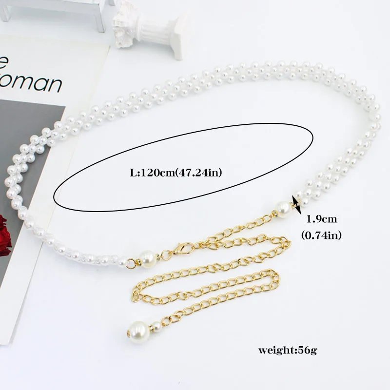 Fashion Adjustable Acrylic Pearl Belt Women Ladies Metal Thin Chain Belt Slim Body Chains Straps Dress Skirt Elastic Waistband