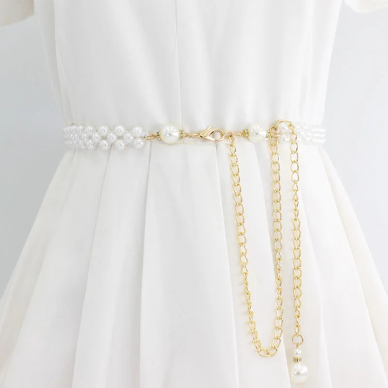 Fashion Adjustable Acrylic Pearl Belt Women Ladies Metal Thin Chain Belt Slim Body Chains Straps Dress Skirt Elastic Waistband