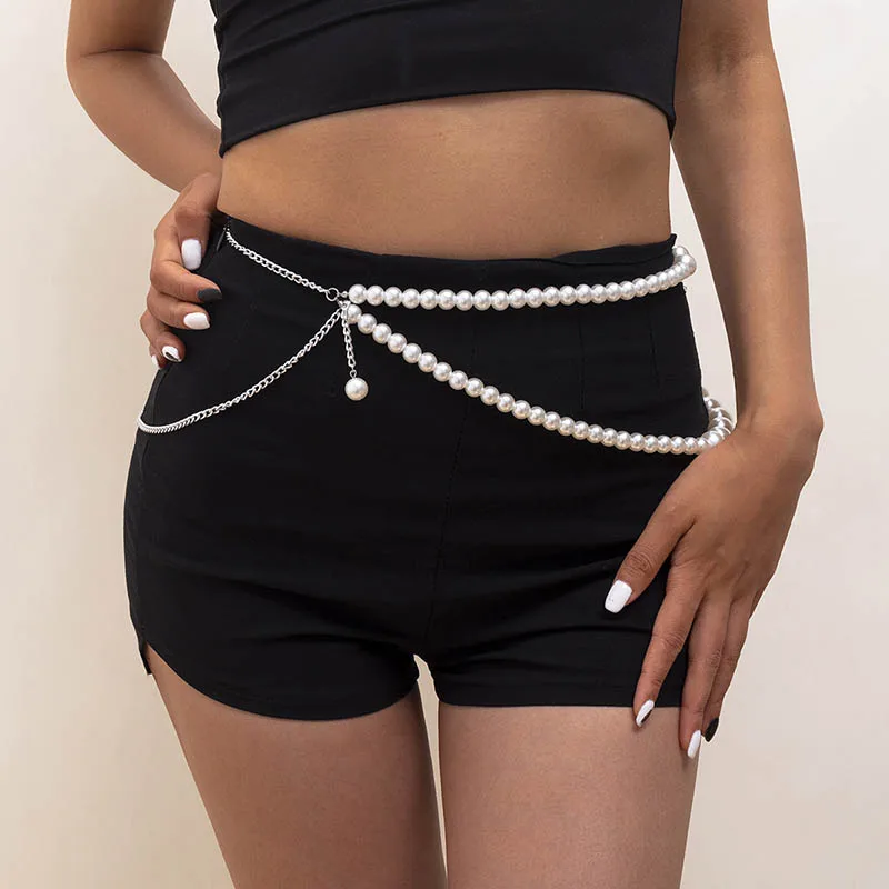 Women's Elegant Immitation Pearl Waist Chains Sexy Double Layers Beads Shell Metal Chain Belt Hot Trendy Body Chain Jewelry