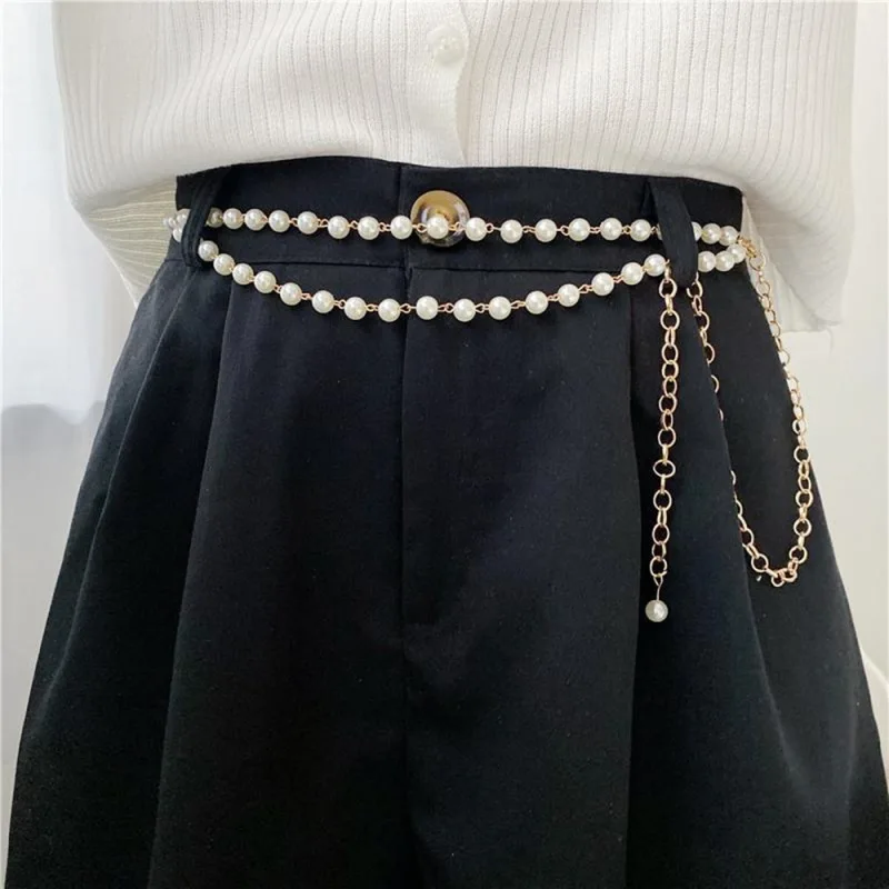 Women's Elegant Immitation Pearl Waist Chains Sexy Double Layers Beads Shell Metal Chain Belt Hot Trendy Body Chain Jewelry