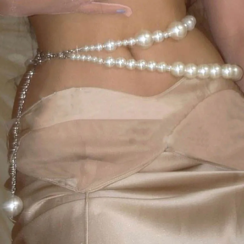 Women's Elegant Immitation Pearl Waist Chains Sexy Double Layers Beads Shell Metal Chain Belt Hot Trendy Body Chain Jewelry