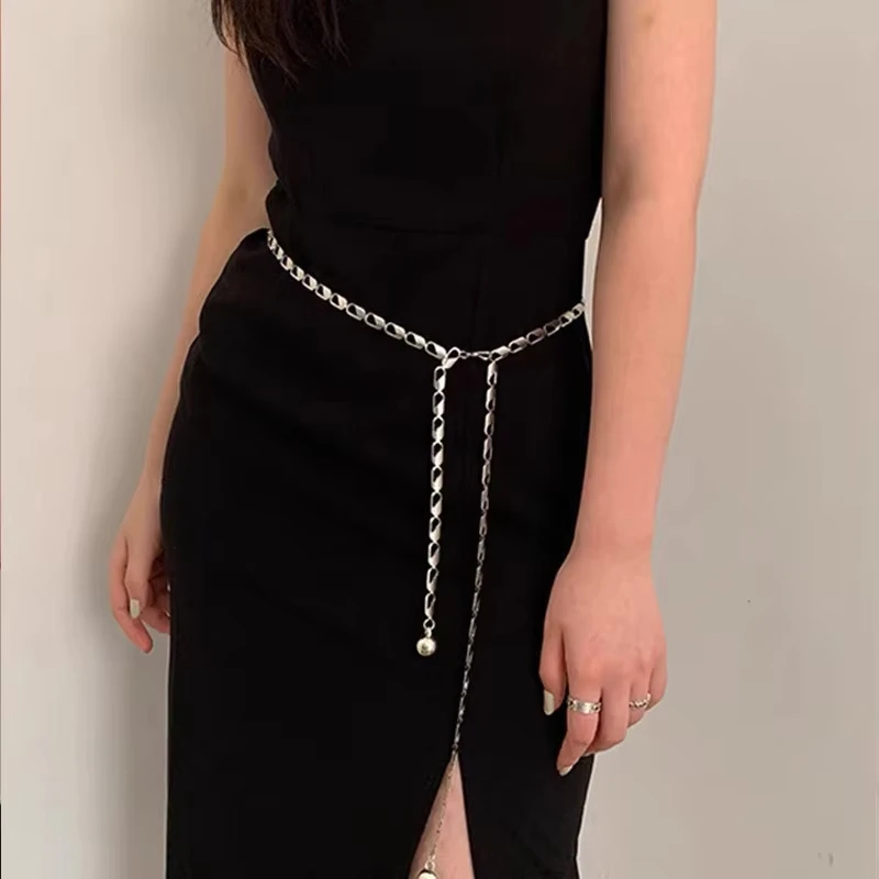 Retro Hollow Out Carved Women Chain Belt Round Metal Adjustable Thin Waist Chain Belts Dress Pants Decorative Waistbands Straps