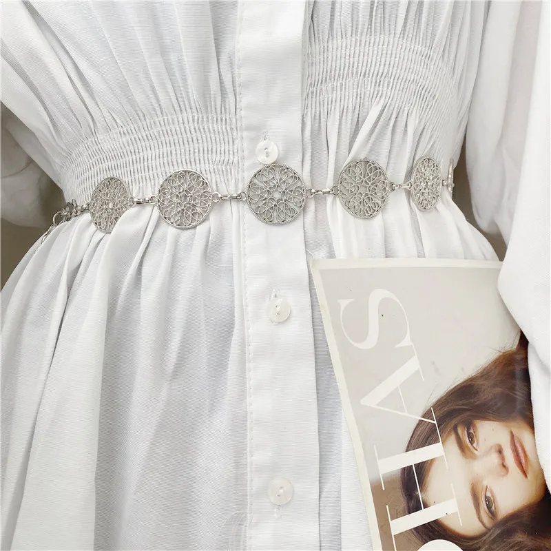 Retro Hollow Out Carved Women Chain Belt Round Metal Adjustable Thin Waist Chain Belts Dress Pants Decorative Waistbands Straps