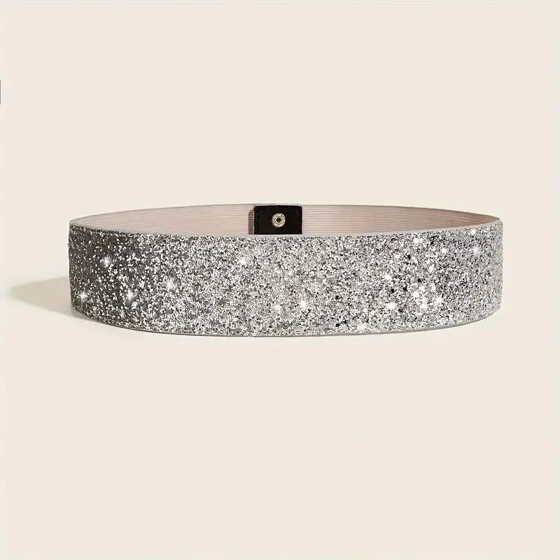 Sequin Elastic Glitter Belt Women's Corset Wide Waist Belt Metal Buckle Waistband Decorative Corset Strap Party Dress Accessorie