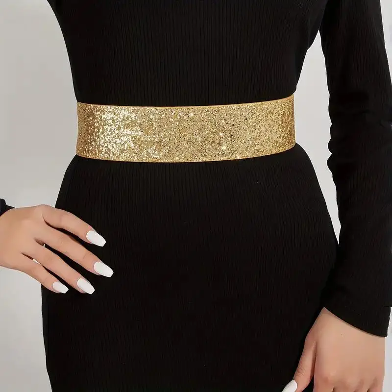 Sequin Elastic Glitter Belt Women's Corset Wide Waist Belt Metal Buckle Waistband Decorative Corset Strap Party Dress Accessorie