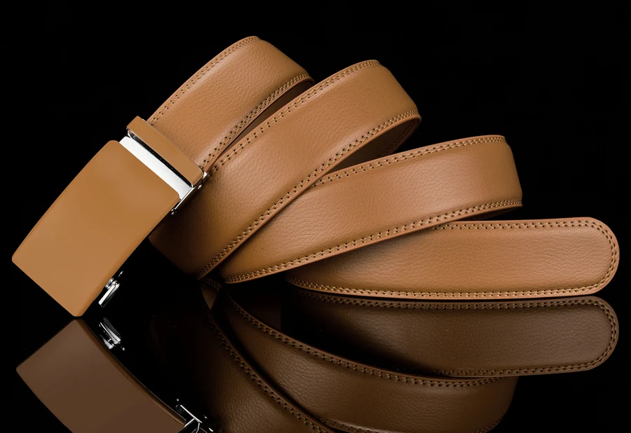Plyesxale Genuine Leather Belt Men High Quality Ratchet Dress Belt With Automatic Buckle Blue Red Light Brown Mens Belts B36