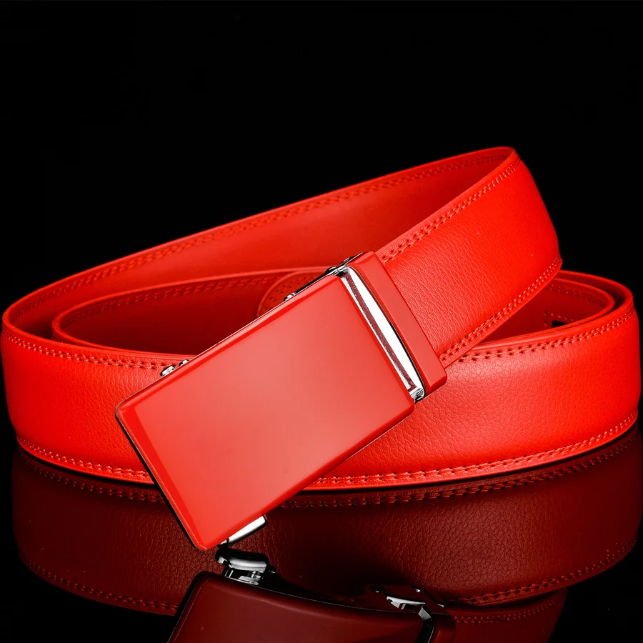 Plyesxale Genuine Leather Belt Men High Quality Ratchet Dress Belt With Automatic Buckle Blue Red Light Brown Mens Belts B36