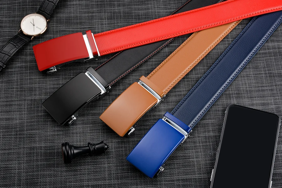 Plyesxale Genuine Leather Belt Men High Quality Ratchet Dress Belt With Automatic Buckle Blue Red Light Brown Mens Belts B36