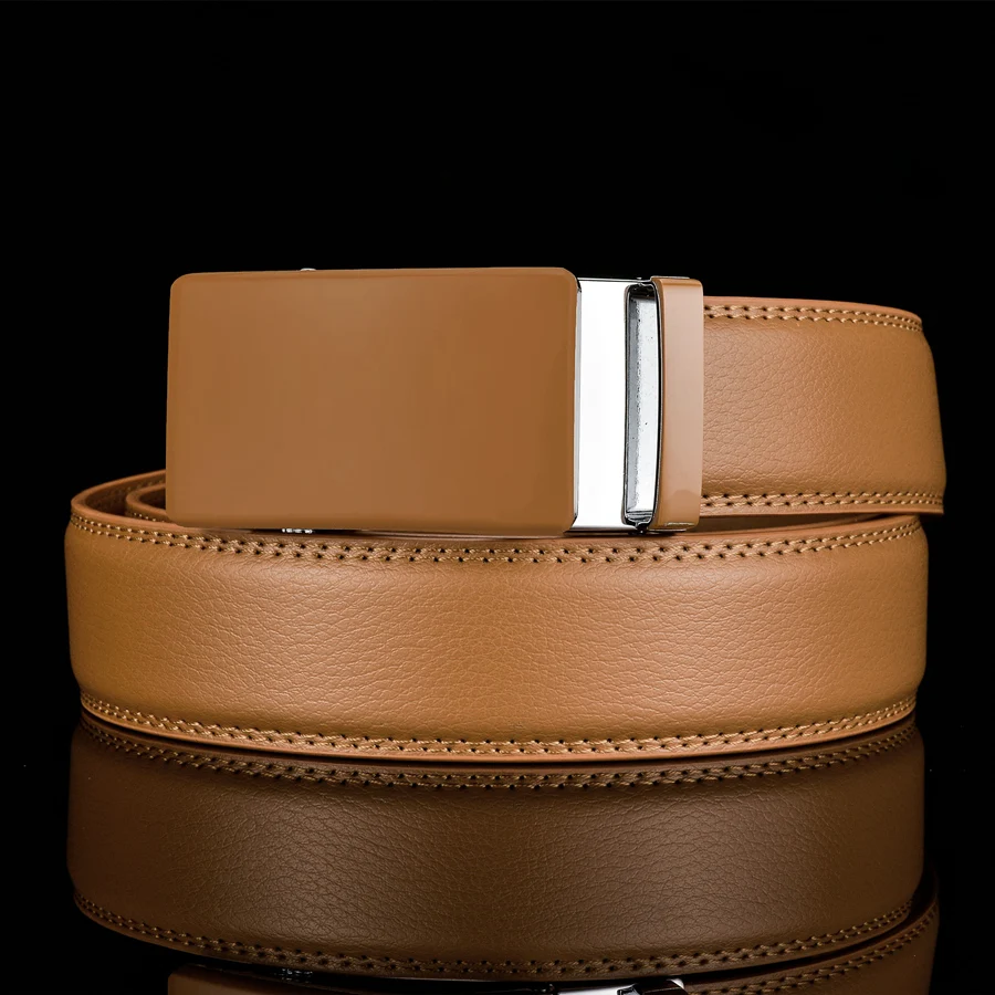 Plyesxale Genuine Leather Belt Men High Quality Ratchet Dress Belt With Automatic Buckle Blue Red Light Brown Mens Belts B36