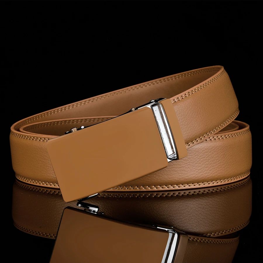 Plyesxale Genuine Leather Belt Men High Quality Ratchet Dress Belt With Automatic Buckle Blue Red Light Brown Mens Belts B36