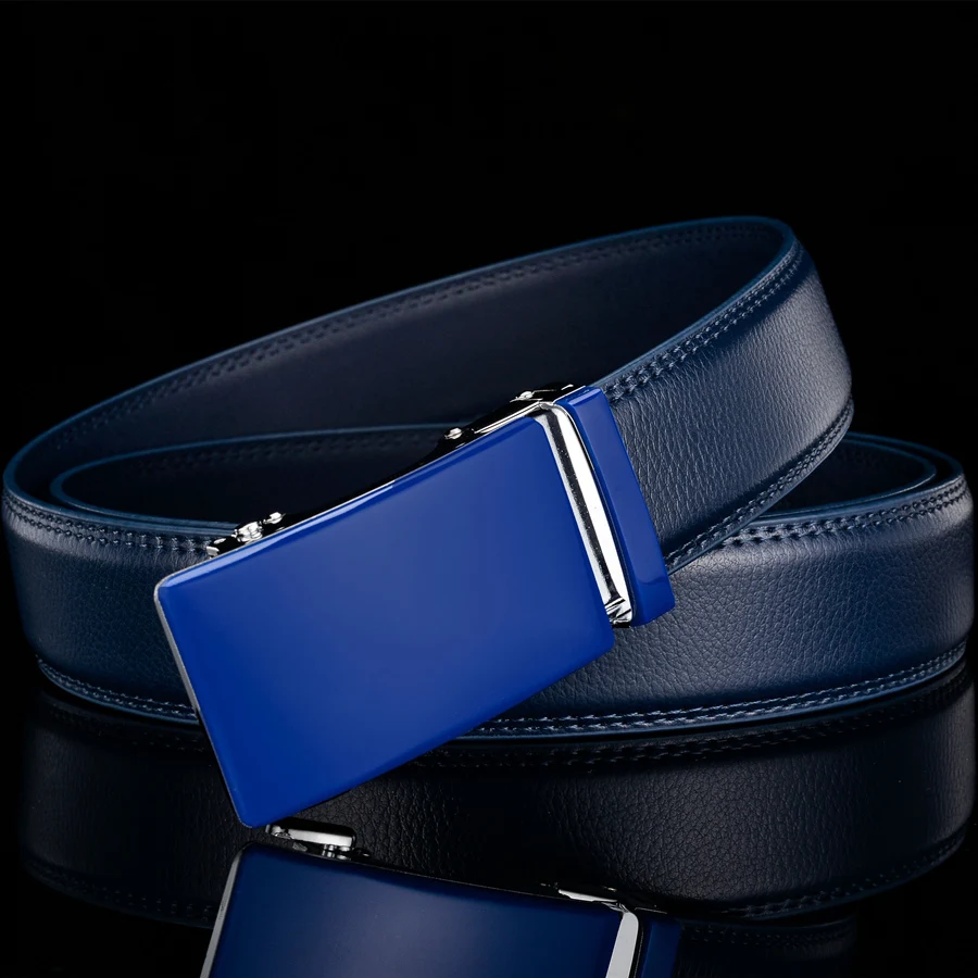 Plyesxale Genuine Leather Belt Men High Quality Ratchet Dress Belt With Automatic Buckle Blue Red Light Brown Mens Belts B36