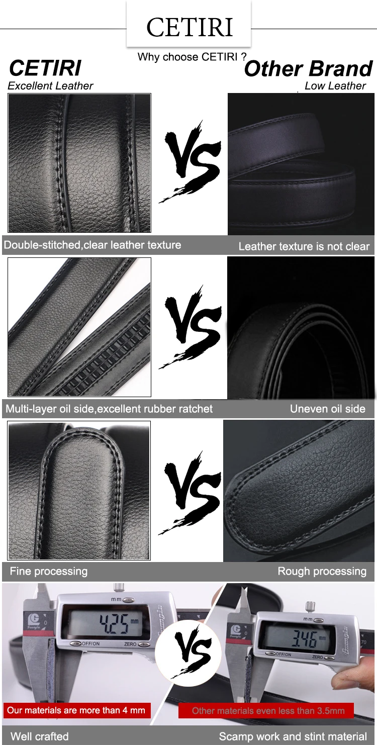 3.0cm/3.5cm Men Cow Leather Ratchet Belt Without Buckle Black Coffee Business Belt No Holes Fit for Automatic Buckle