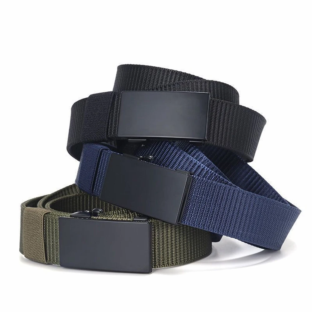 Men's Tactical Belt Automatic Metal Buckle Casual Nylon Belt Black Woven Canvas Breathable Fashion Outdoor Sport Jeans Strap