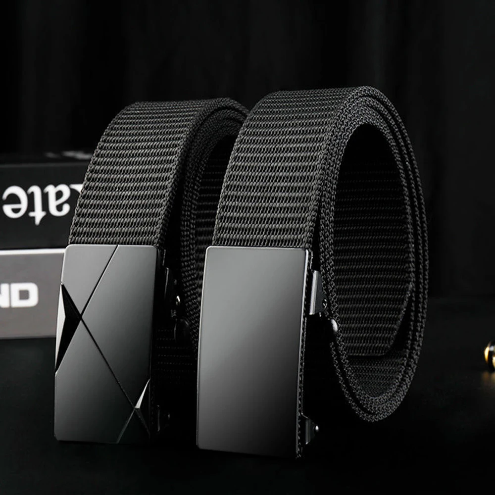 Men's Tactical Belt Automatic Metal Buckle Casual Nylon Belt Black Woven Canvas Breathable Fashion Outdoor Sport Jeans Strap